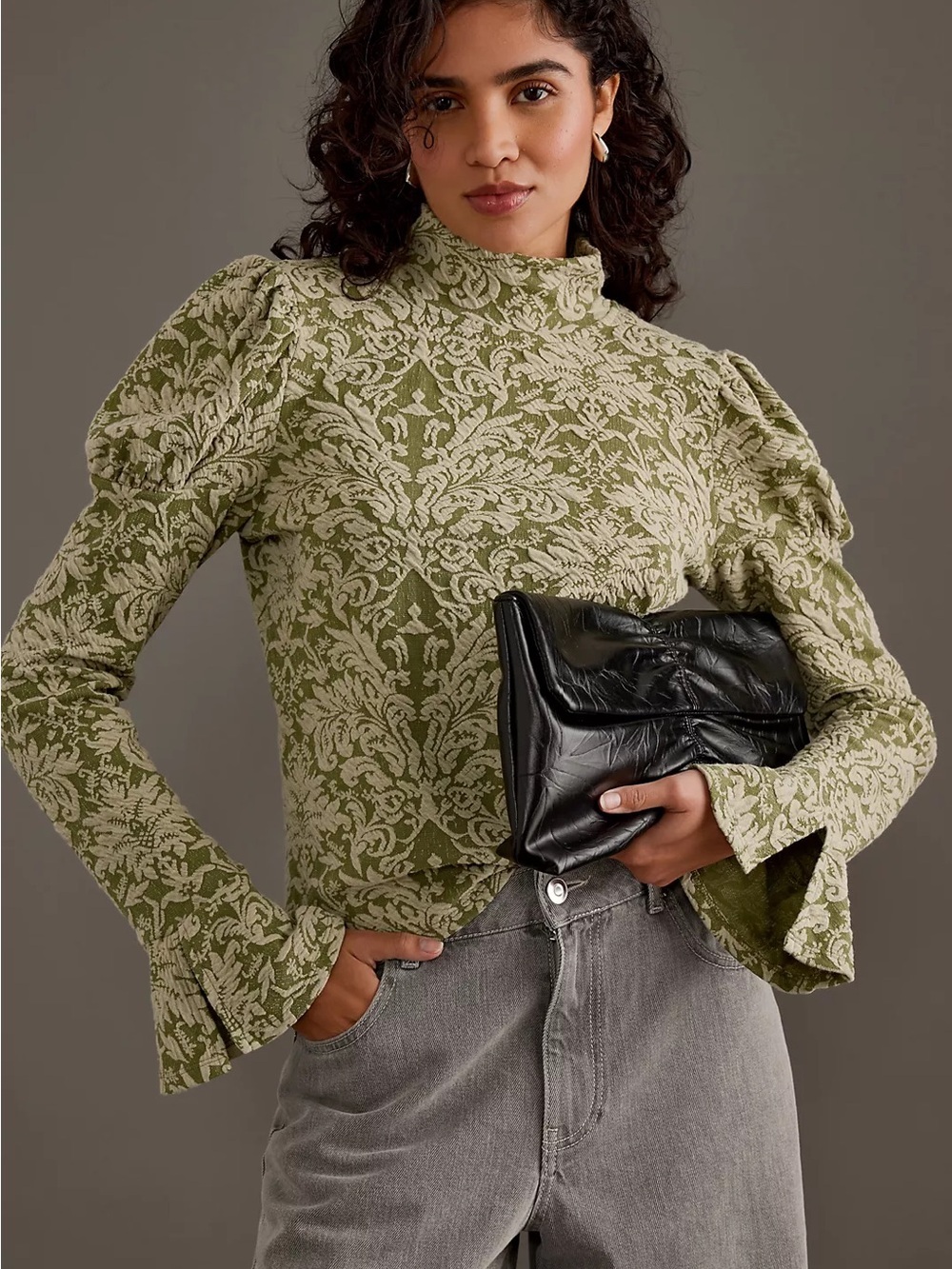 By Anthropologie Puff-Sleeve Turtleneck Jacquard Top